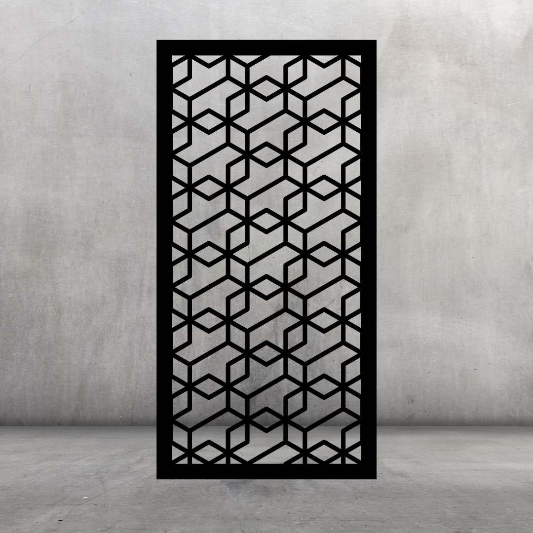 Geo Nexus decorative metal privacy screen displayed against a dark grey wall with bold repeating geometric cube-inspired design