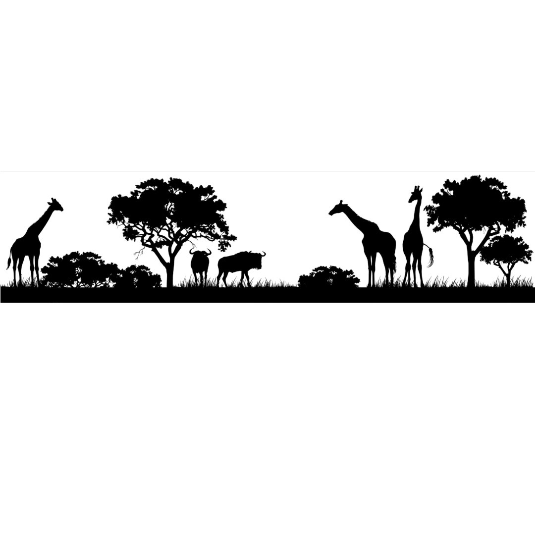 African savanna silhouette metal wall art featuring giraffes, wildebeest and acacia trees on a blank background.