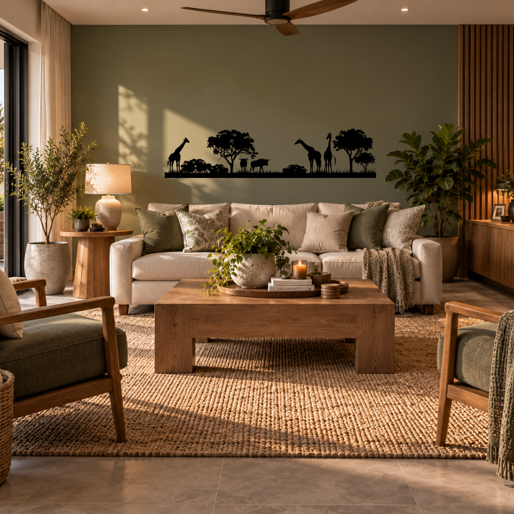 African savanna silhouette metal wall art featuring giraffes, wildebeest and acacia trees in a modern room.