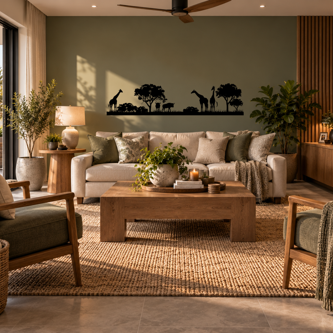 African savanna silhouette metal wall art featuring giraffes, wildebeest and acacia trees in a modern room.