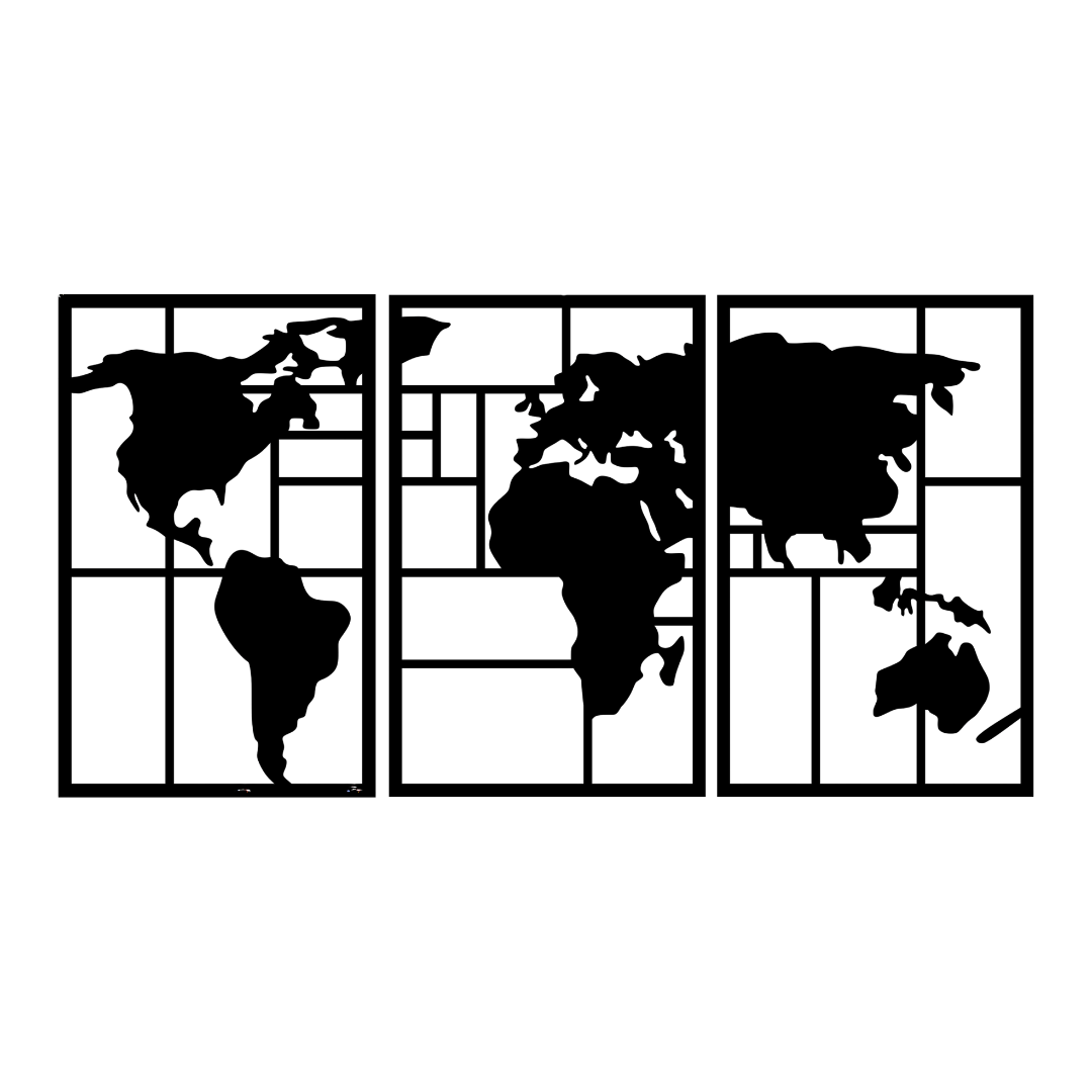 Global Horizons three-panel world map metal wall art isolated on a white background showing continents and geometric grid detailing