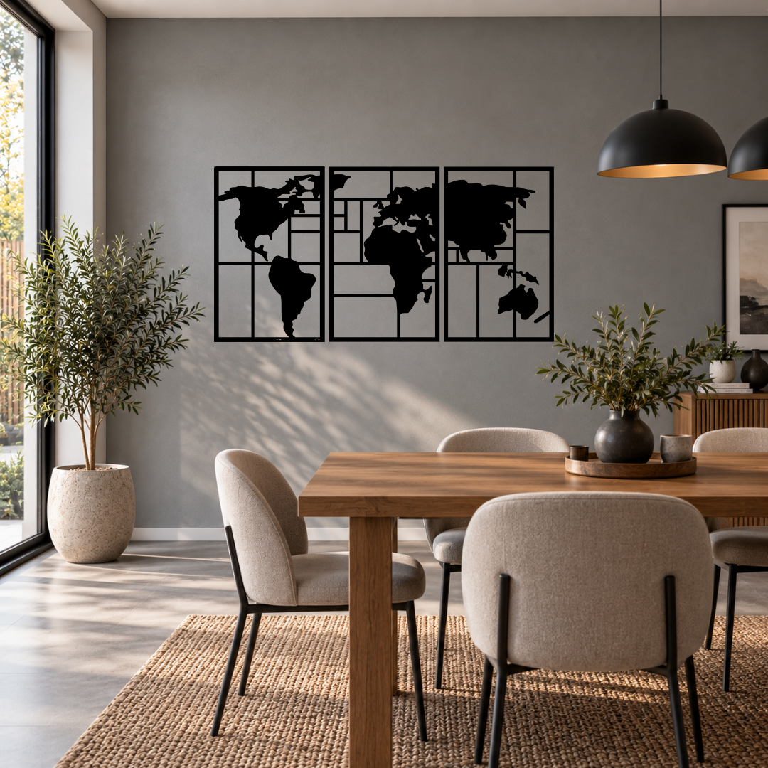 Global Horizons three-panel world map metal wall art displayed in a modern room with contemporary interior décor