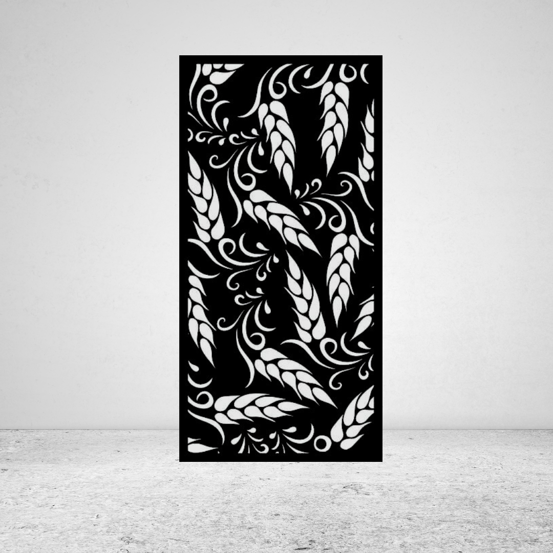 Golden Harvest wheat vine metal privacy screen mounted against a light grey wall with rustic botanical design