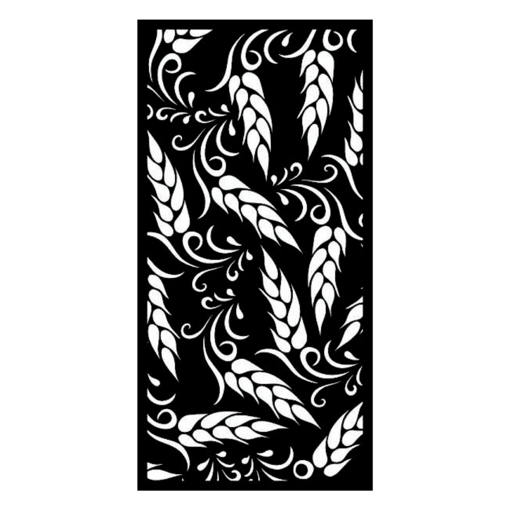 Golden Harvest decorative metal privacy panel on a white background featuring wheat stalk and vine detailing
