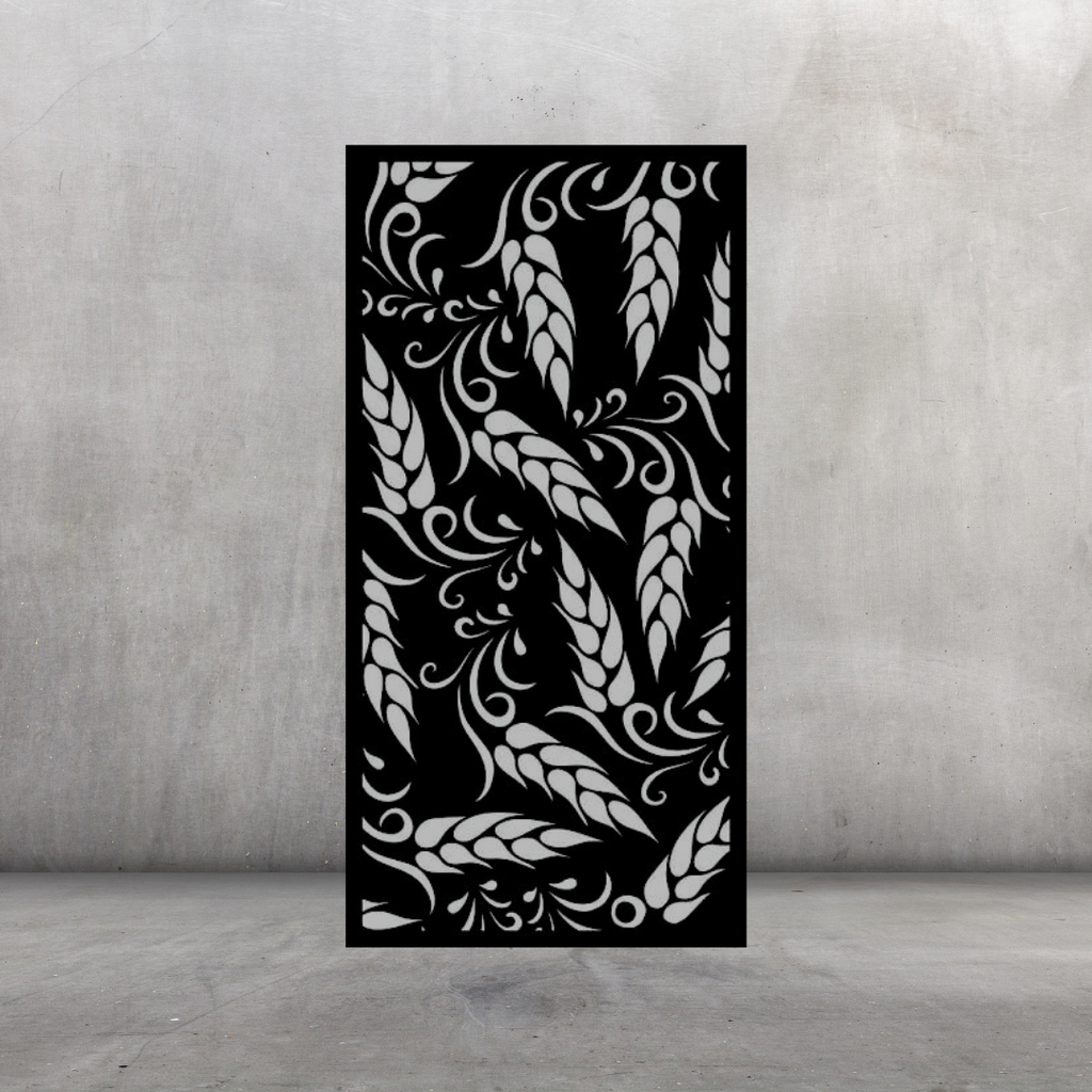 Golden Harvest farmhouse-style metal privacy screen displayed against a dark grey wall with organic wheat pattern