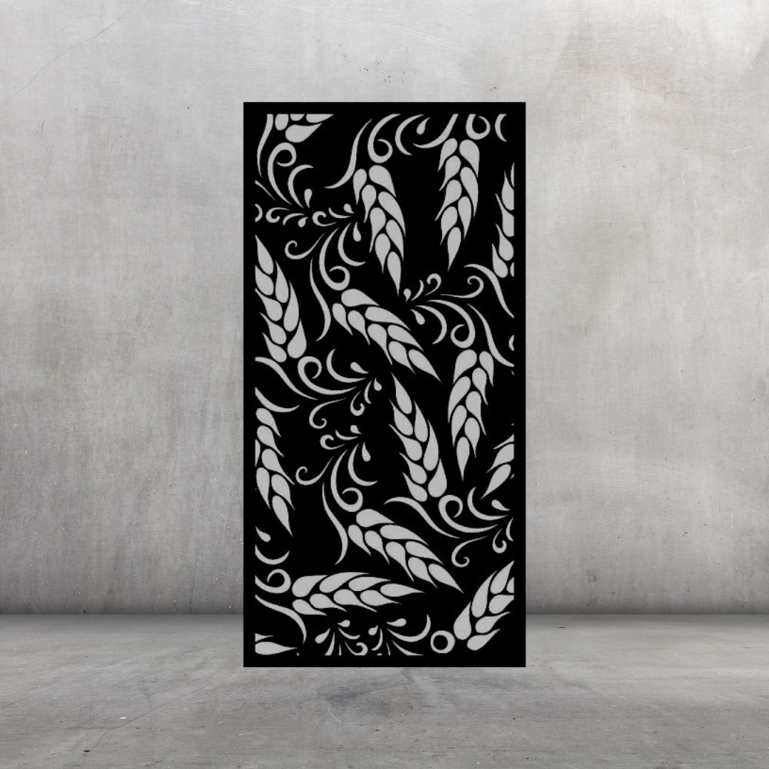 Golden Harvest farmhouse-style metal privacy screen displayed against a dark grey wall with organic wheat pattern