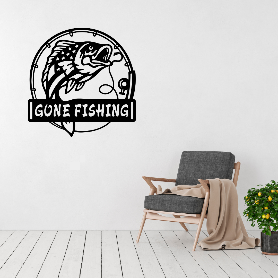 Gone Fishing rustic metal wall art featuring a bass fish inside a fishing rod frame displayed in a modern living room.