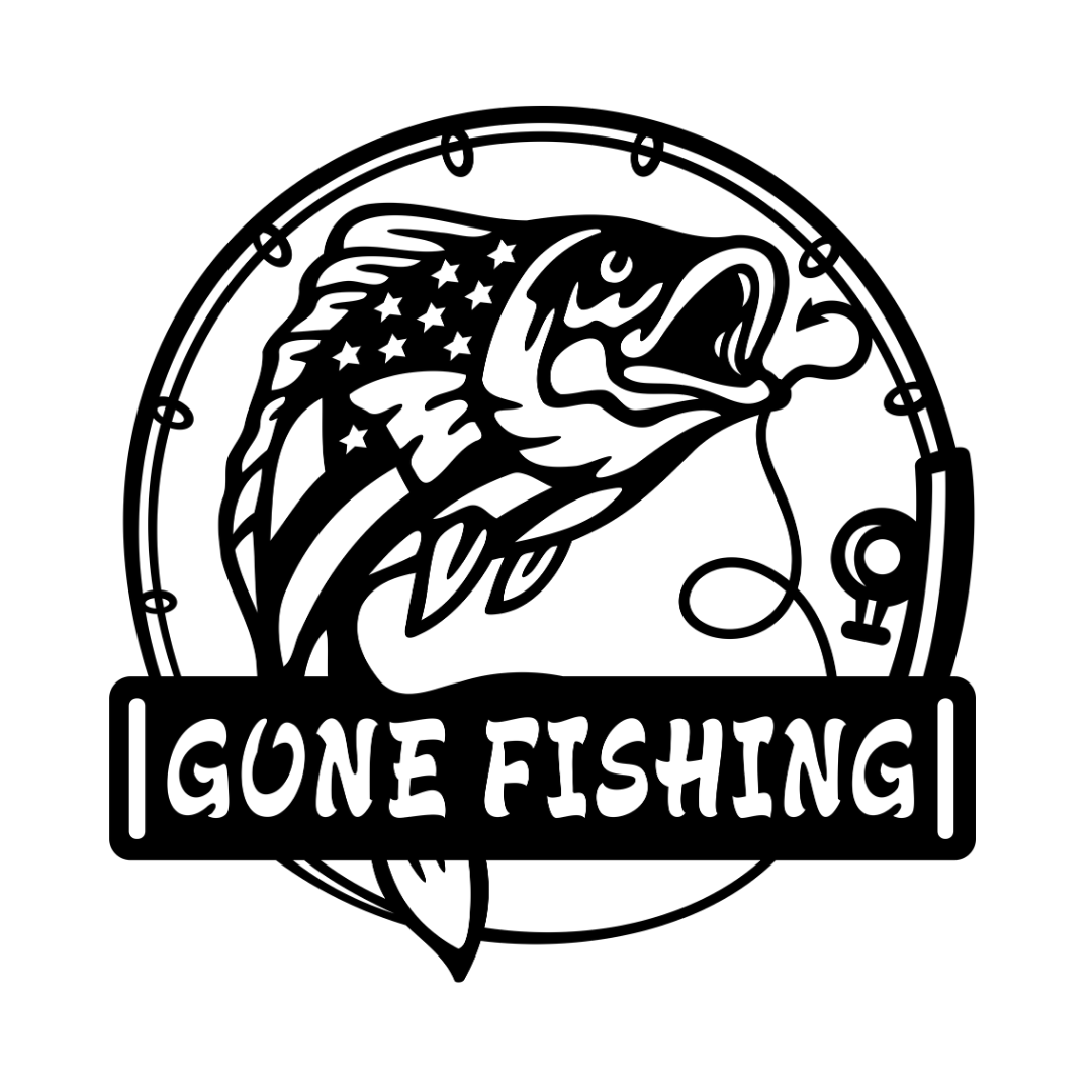 Close-up of the Gone Fishing laser-cut metal wall art featuring a detailed bass fish and fishing rod design.