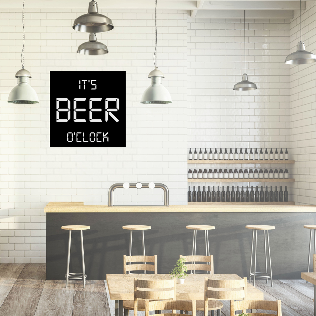 Good Times Clock Inspired Design | It's Beer O'Clock Metal Wall Art displayed in a stylish modern bar.