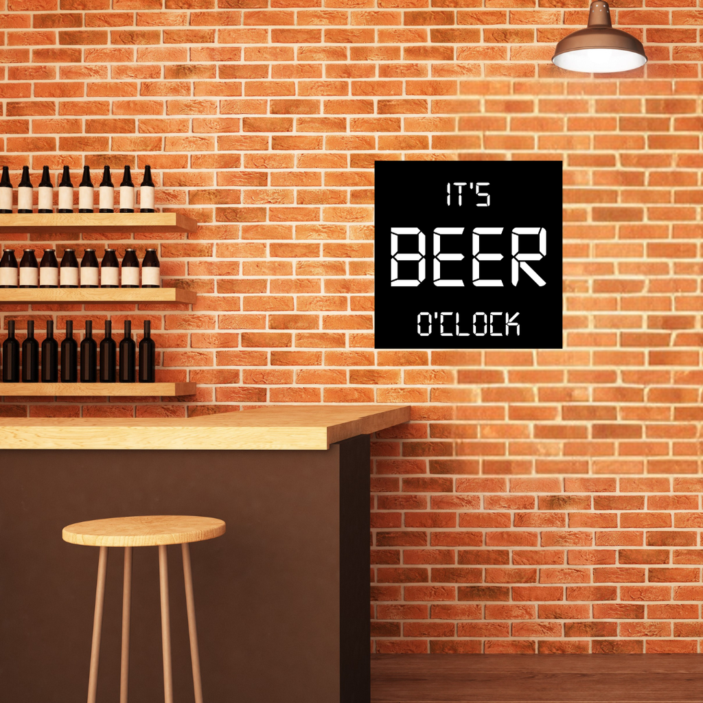 Good Times Clock Inspired Design | It's Beer O'Clock Metal Wall Art showcased on a rustic brick wall in a home bar.