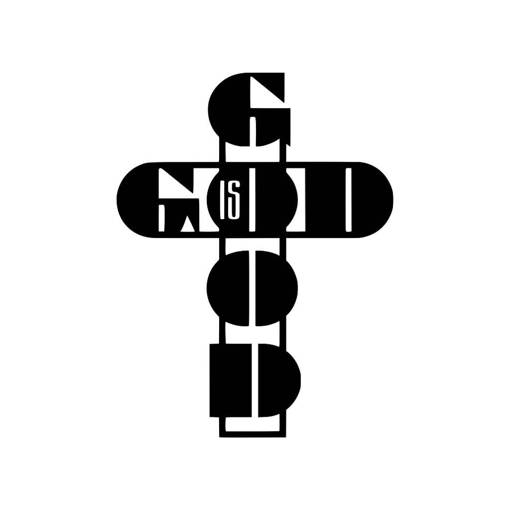 Goodness of God God Is Good cross metal wall art isolated on a white background showing words formed into a cross