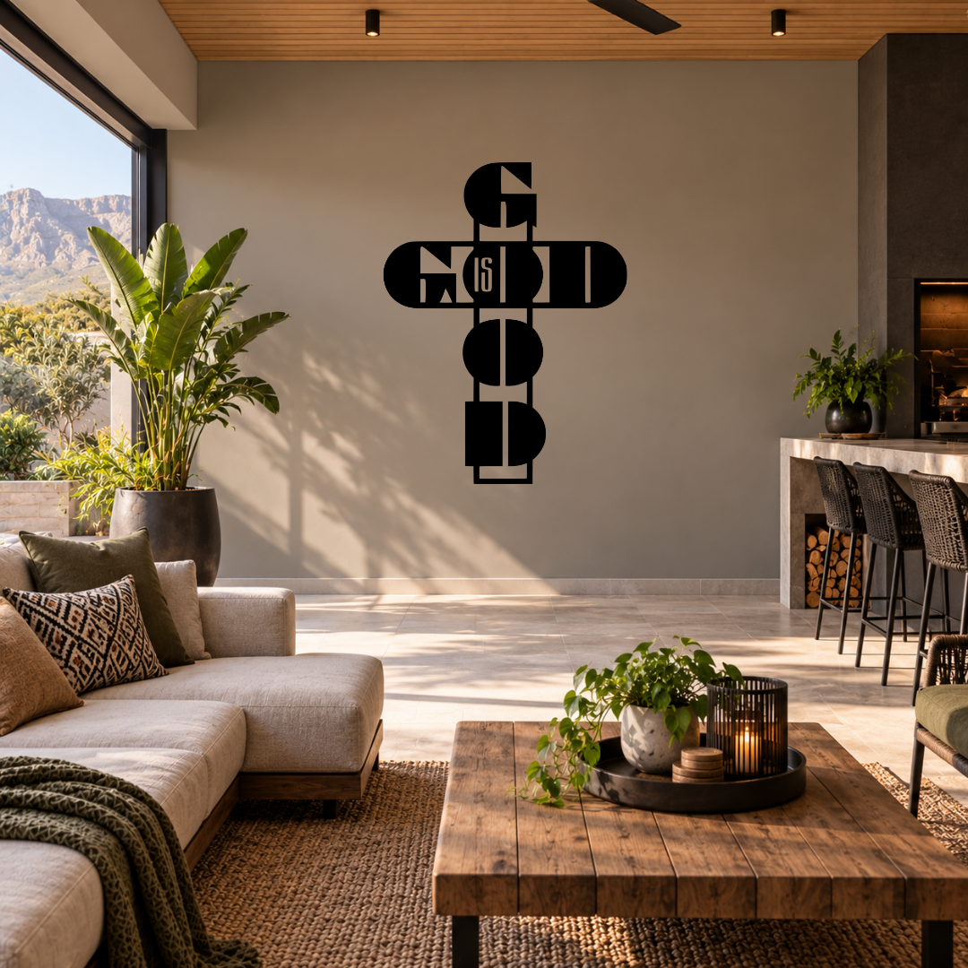 Goodness of God God Is Good cross metal wall art displayed in a modern prayer room with contemporary interior décor