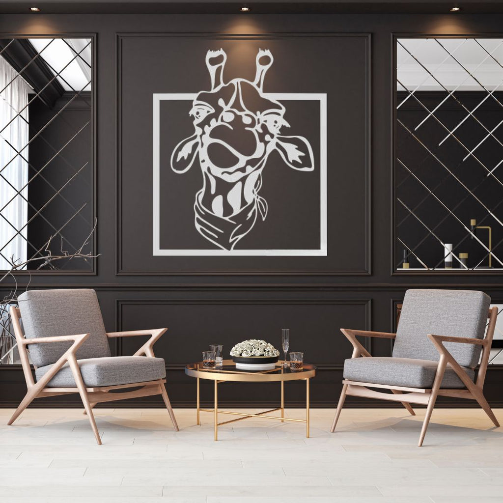 Giraffe metal wall art as a statement piece in a bold luxury interior