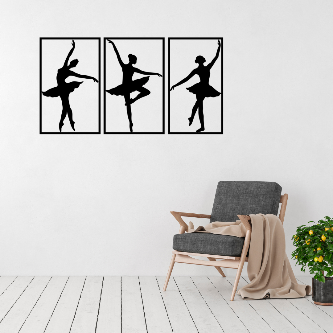 Grace in Motion | Ballerina Trio Metal Wall Art displayed in a modern living room.