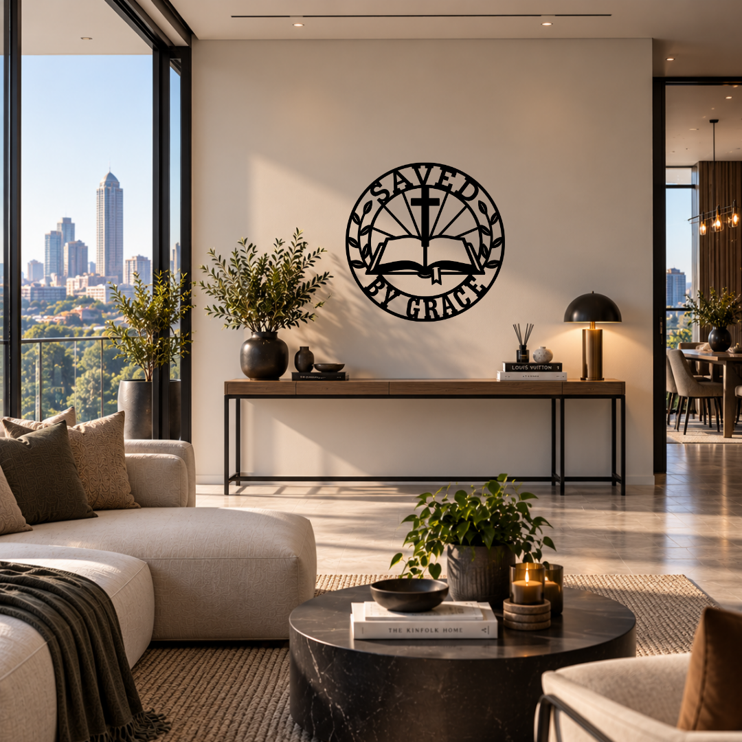 Grace and Redemption Saved by Grace metal wall art displayed in a modern room with contemporary interior décor