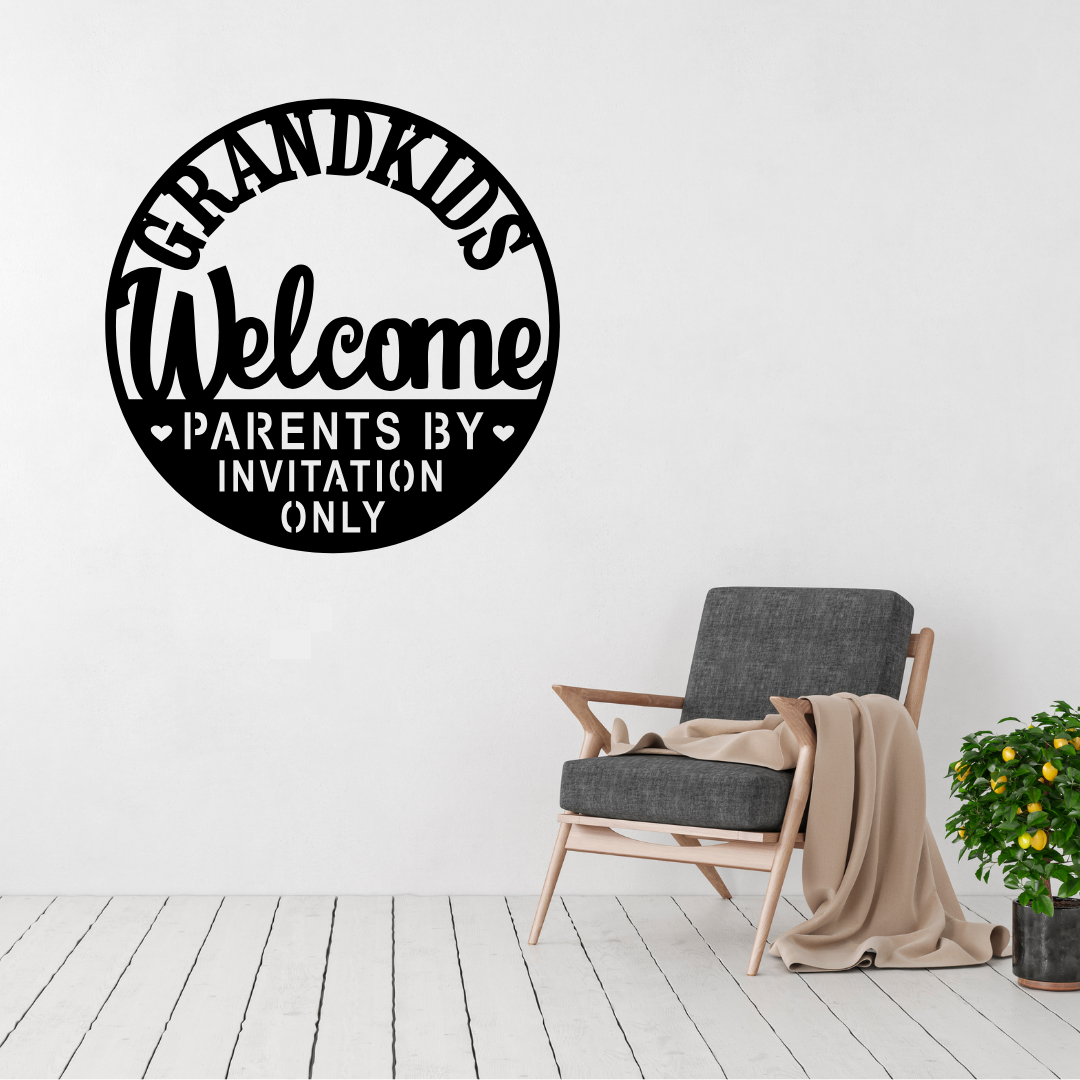 Grandkids Welcome funny grandparents metal wall sign displayed above a contemporary chair