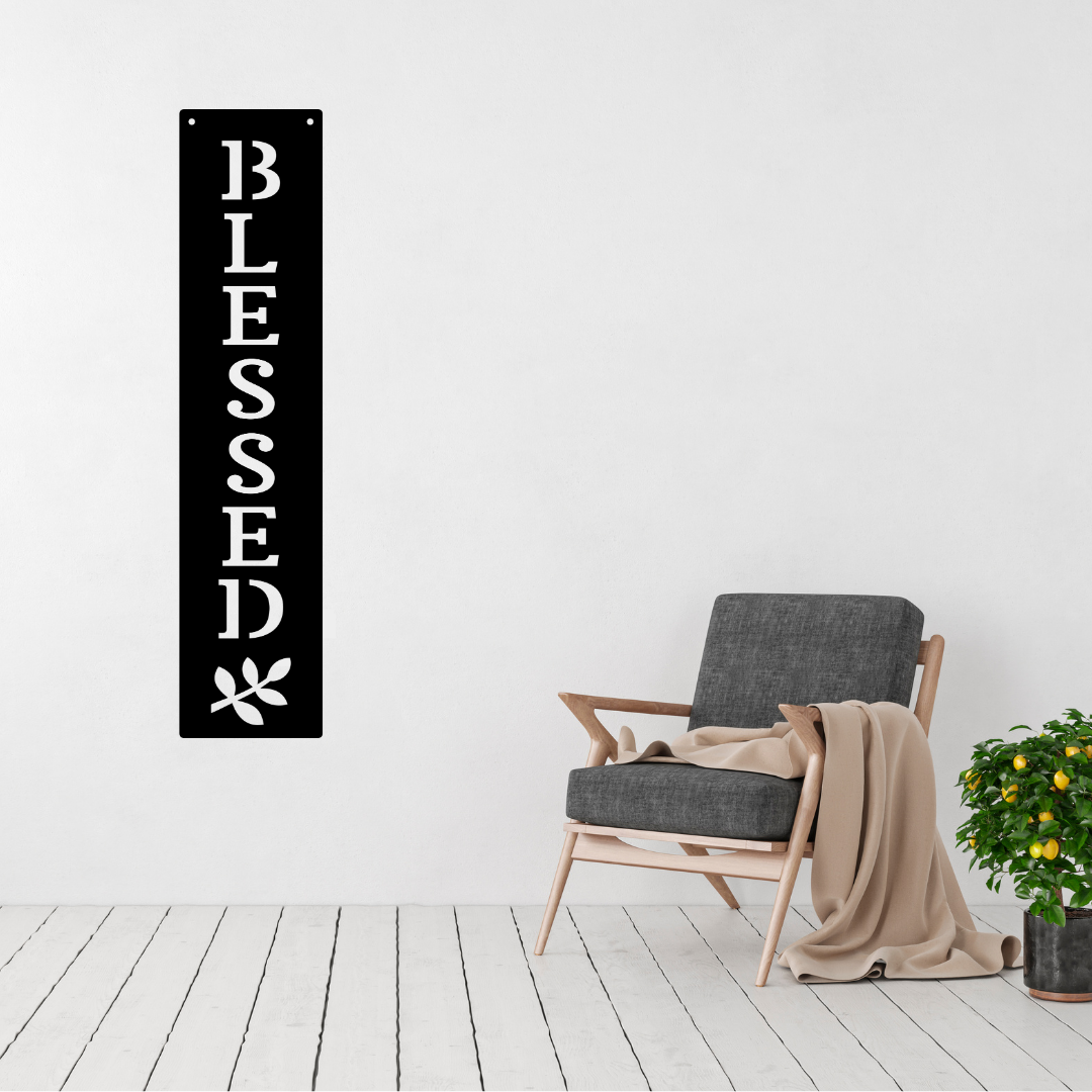 Grateful Hearts | Blessed Vertical Metal Wall Sign displayed in a modern living room.