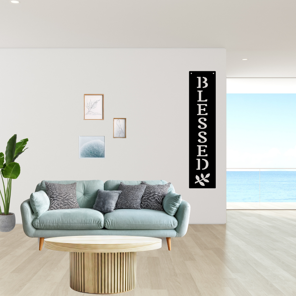 Grateful Hearts | Blessed Vertical Metal Wall Sign showcased in a contemporary living room beside a sofa.