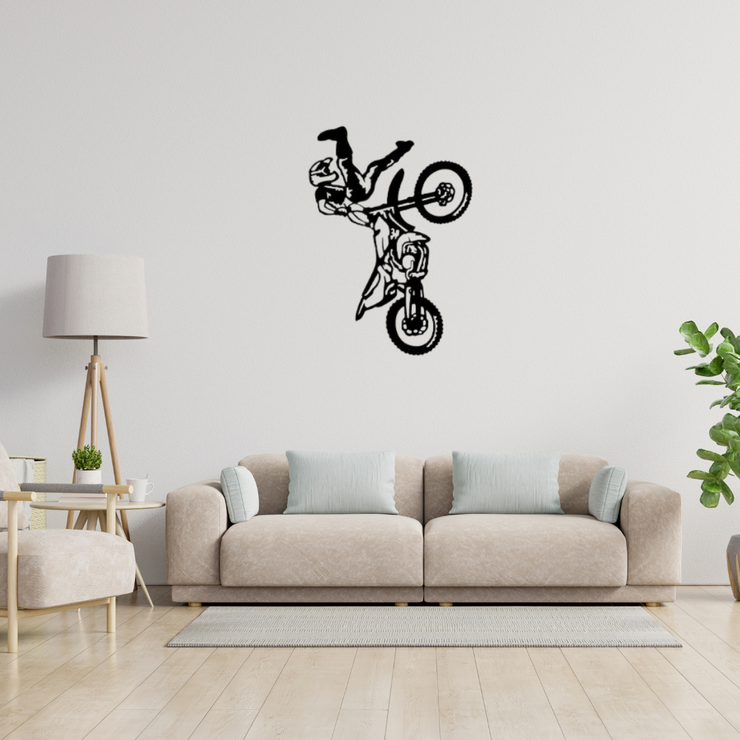 Gravity Defied | Freestyle Motocross Metal Wall Art mounted above a contemporary sofa in a stylish living room.