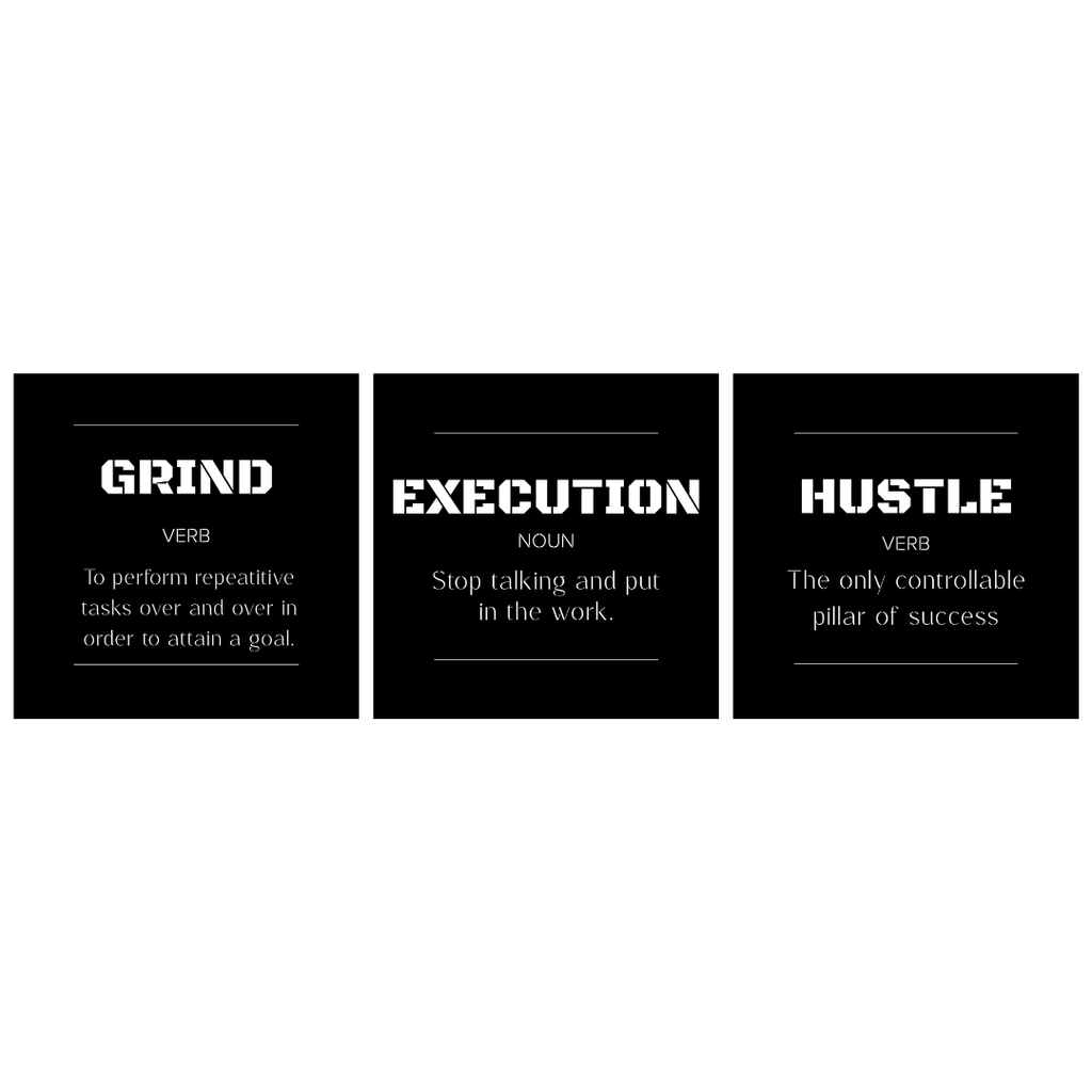 Grind • Execution • Hustle | Motivational Metal Wall Art Set (3 Piece) crafted from premium laser-cut steel with a durable powder-coated finish.