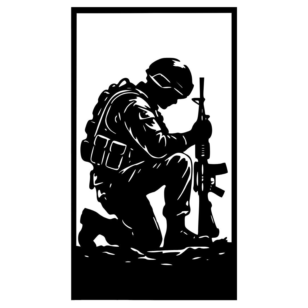 Guardian at Rest kneeling soldier metal wall art isolated on a white background showing a detailed kneeling soldier silhouette