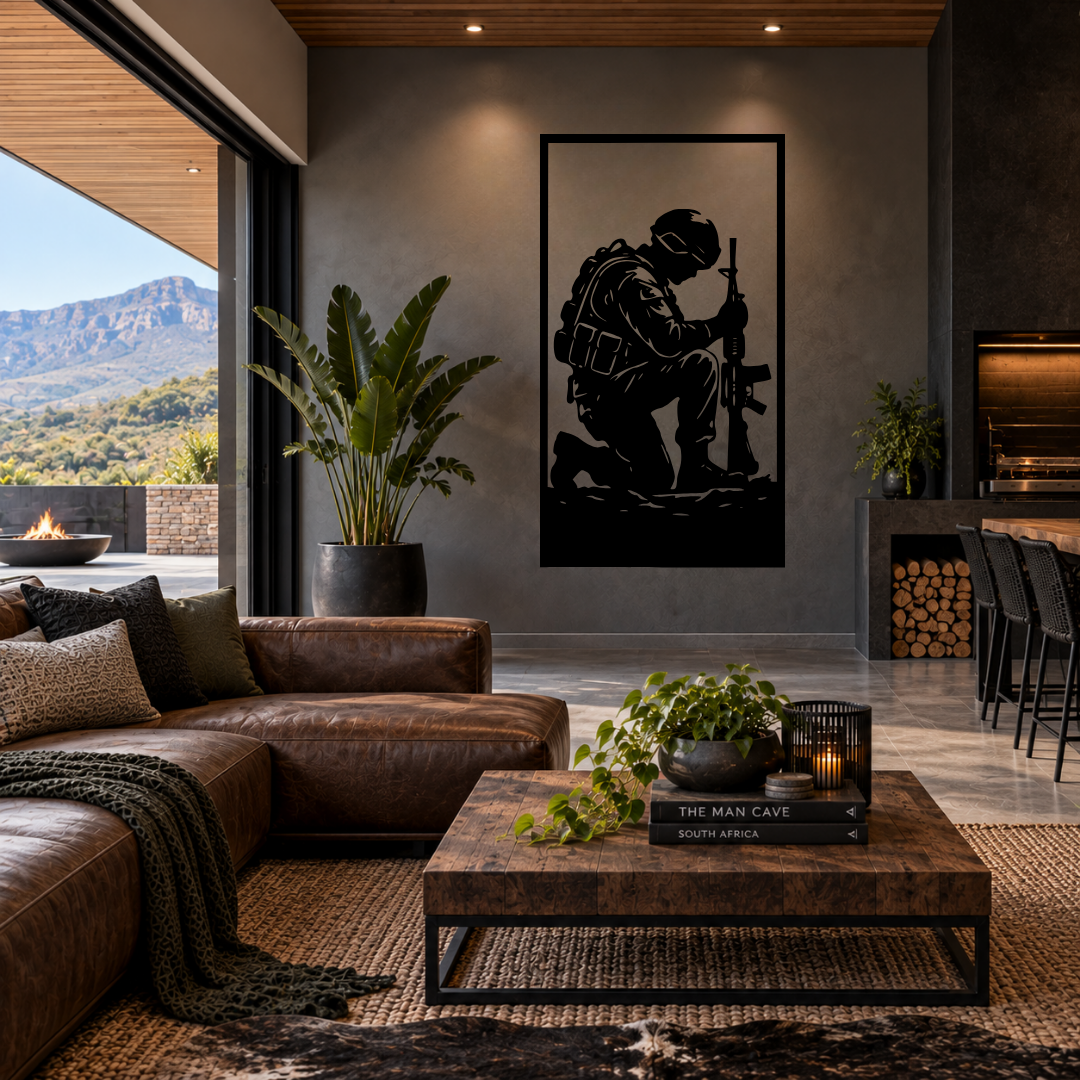 Guardian at Rest kneeling soldier metal wall art displayed in a modern room with contemporary military-inspired décor