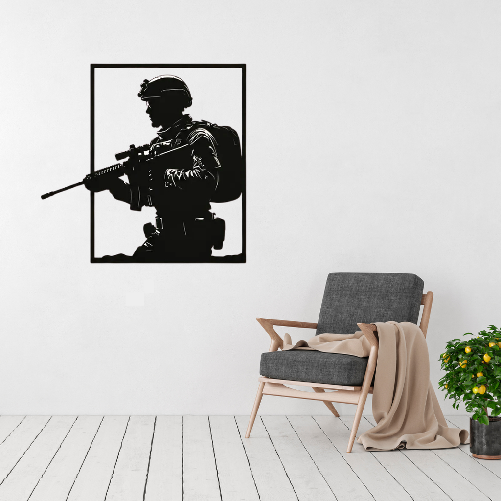 Guardian | Tactical Soldier Metal Wall Art displayed in a modern living room.