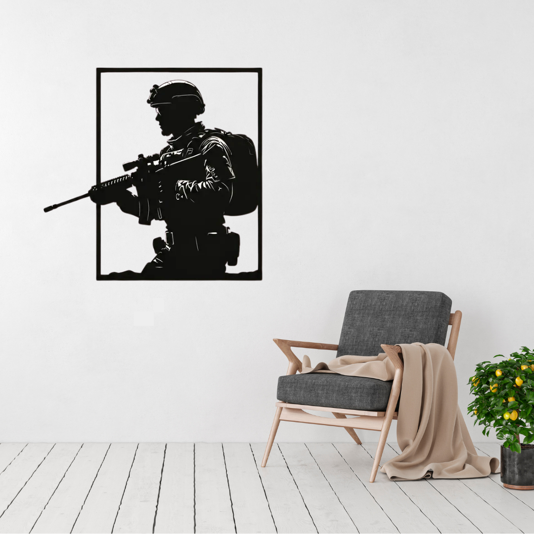 Guardian | Tactical Soldier Metal Wall Art displayed in a modern living room.