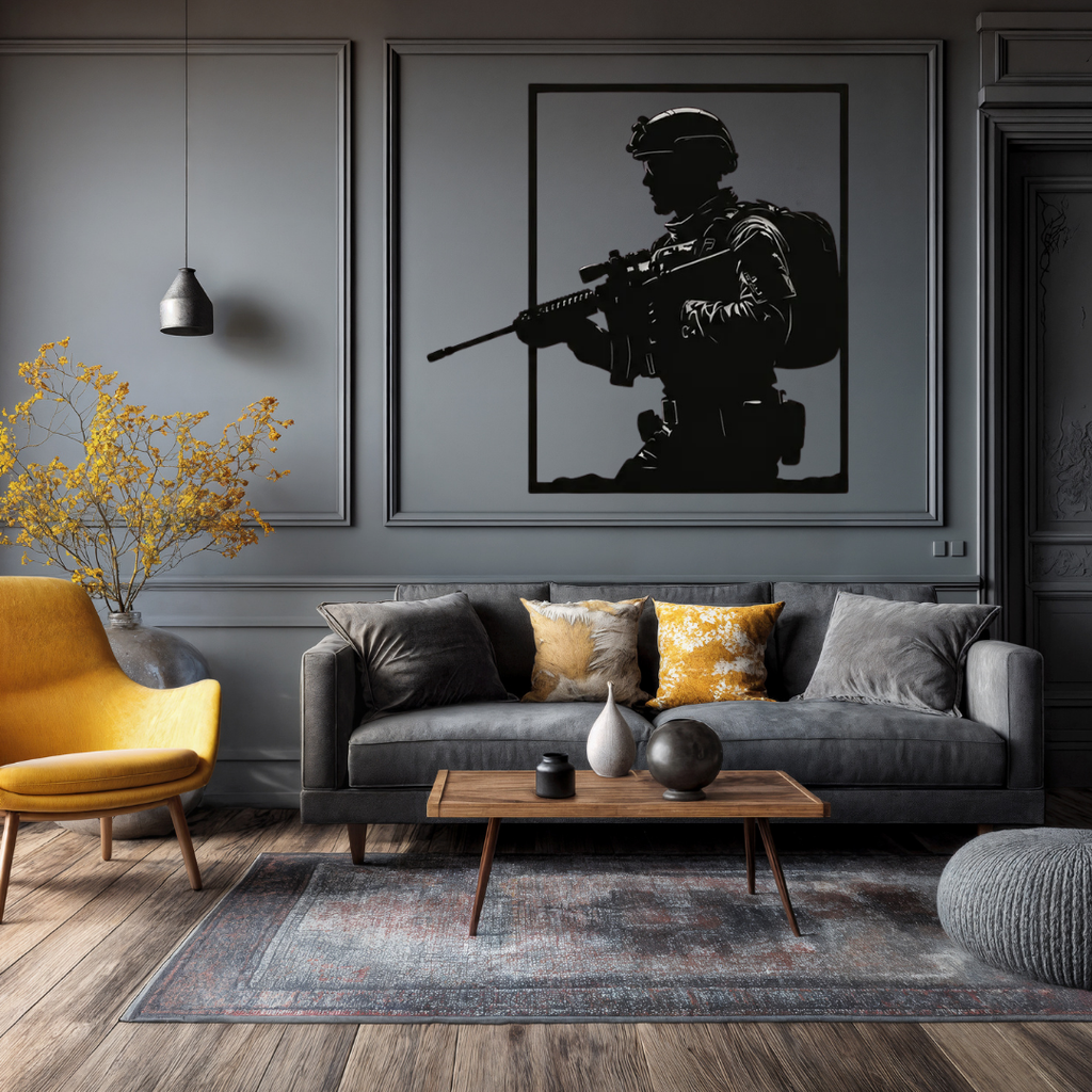 Guardian | Tactical Soldier Metal Wall Art mounted above a contemporary sofa in a stylish living room.