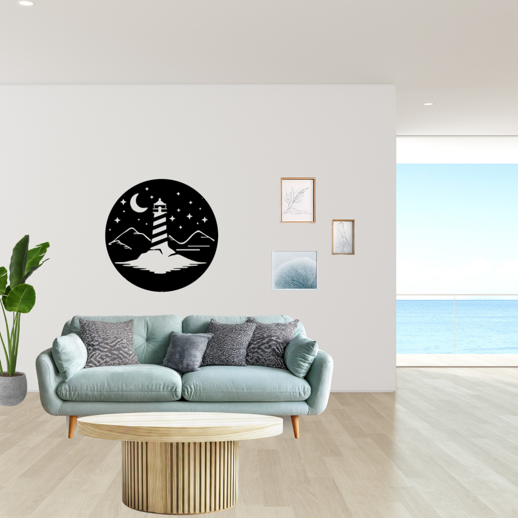 Guiding Light | Lighthouse Metal Wall Art mounted above a contemporary sofa in a bright coastal-inspired living room.