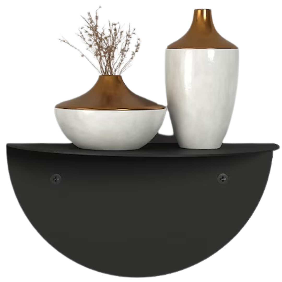 Matte black semicircle floating metal wall shelf isolated on a clean white background