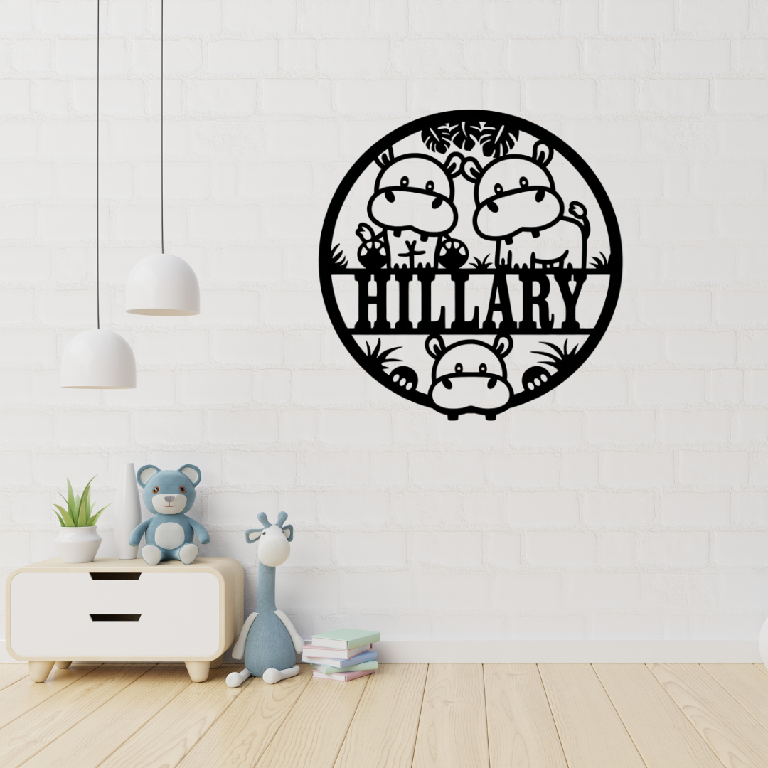 Safari hippo wall art displayed in an animal-themed nursery