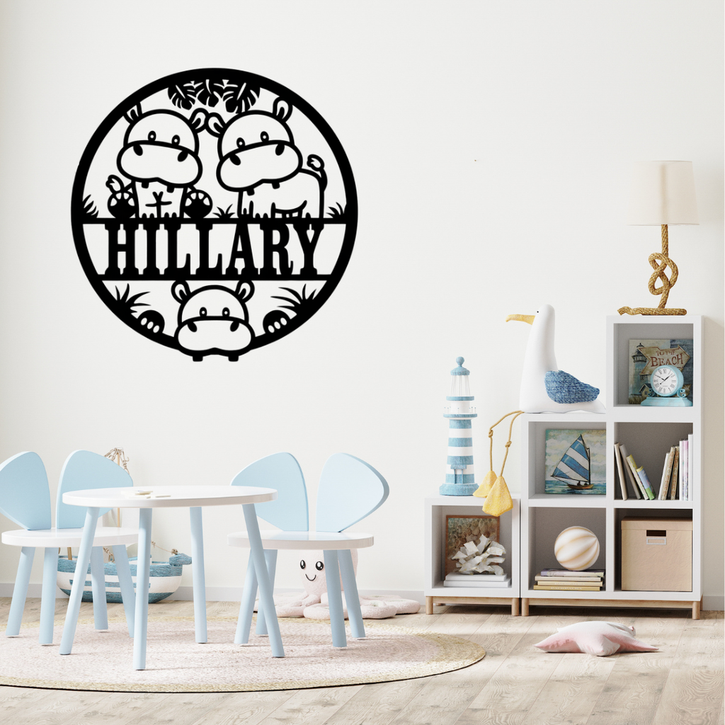 Cute hippo décor styled in a playful safari kids bedroom