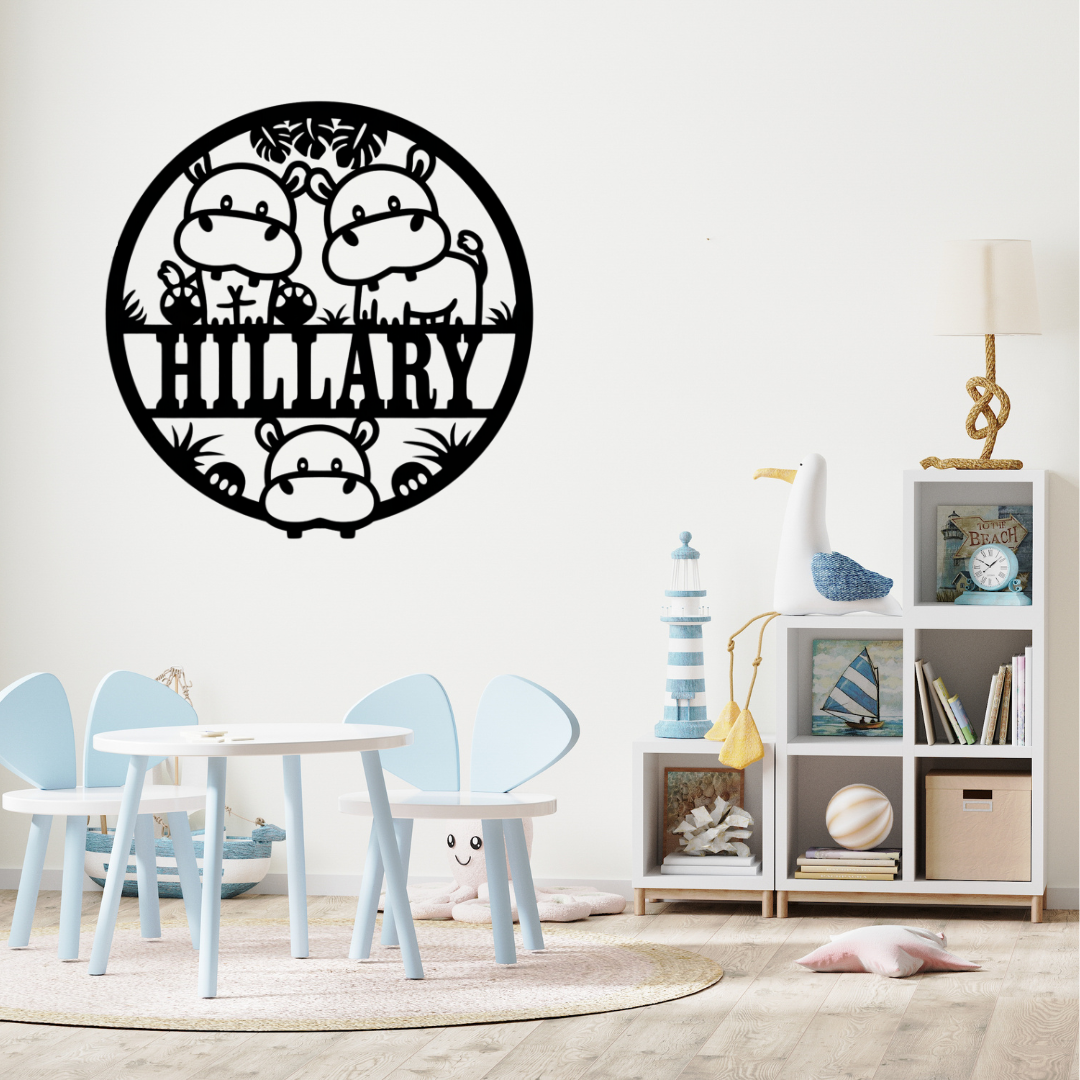 Cute hippo décor styled in a playful safari kids bedroom