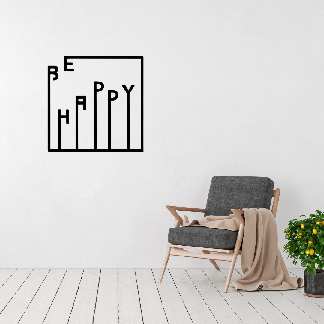 Happy Lines | Modern Typography Metal Wall Art displayed in a contemporary living room.