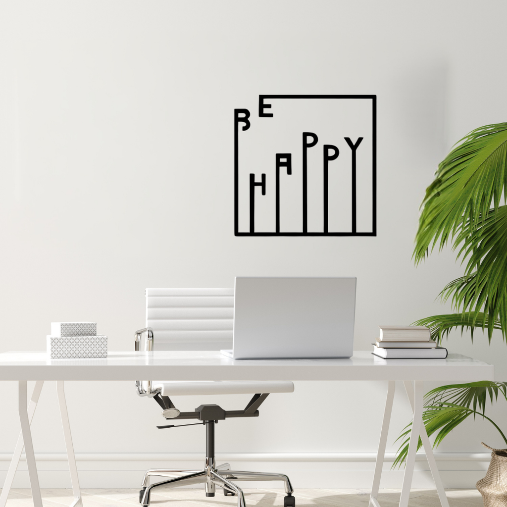 Happy Lines | Modern Typography Metal Wall Art mounted above a modern office desk.
