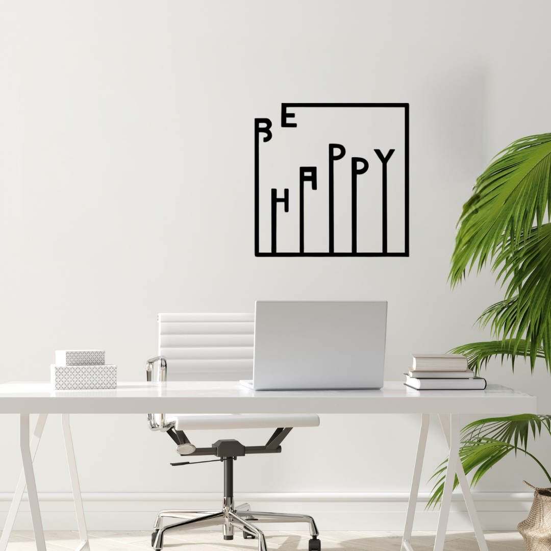 Happy Lines | Modern Typography Metal Wall Art mounted above a modern office desk.