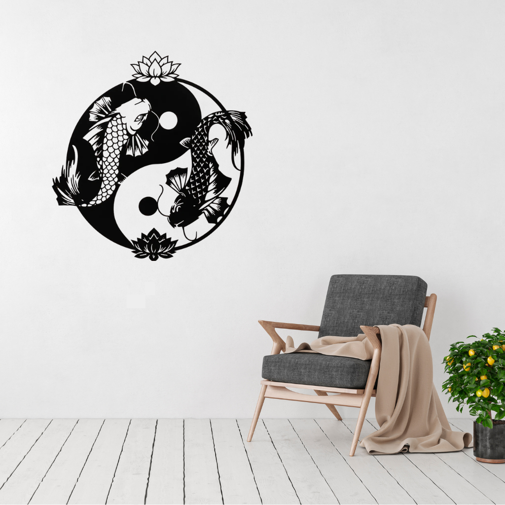 Harmony of Koi | Yin Yang Koi Metal Wall Art displayed in a modern living room.