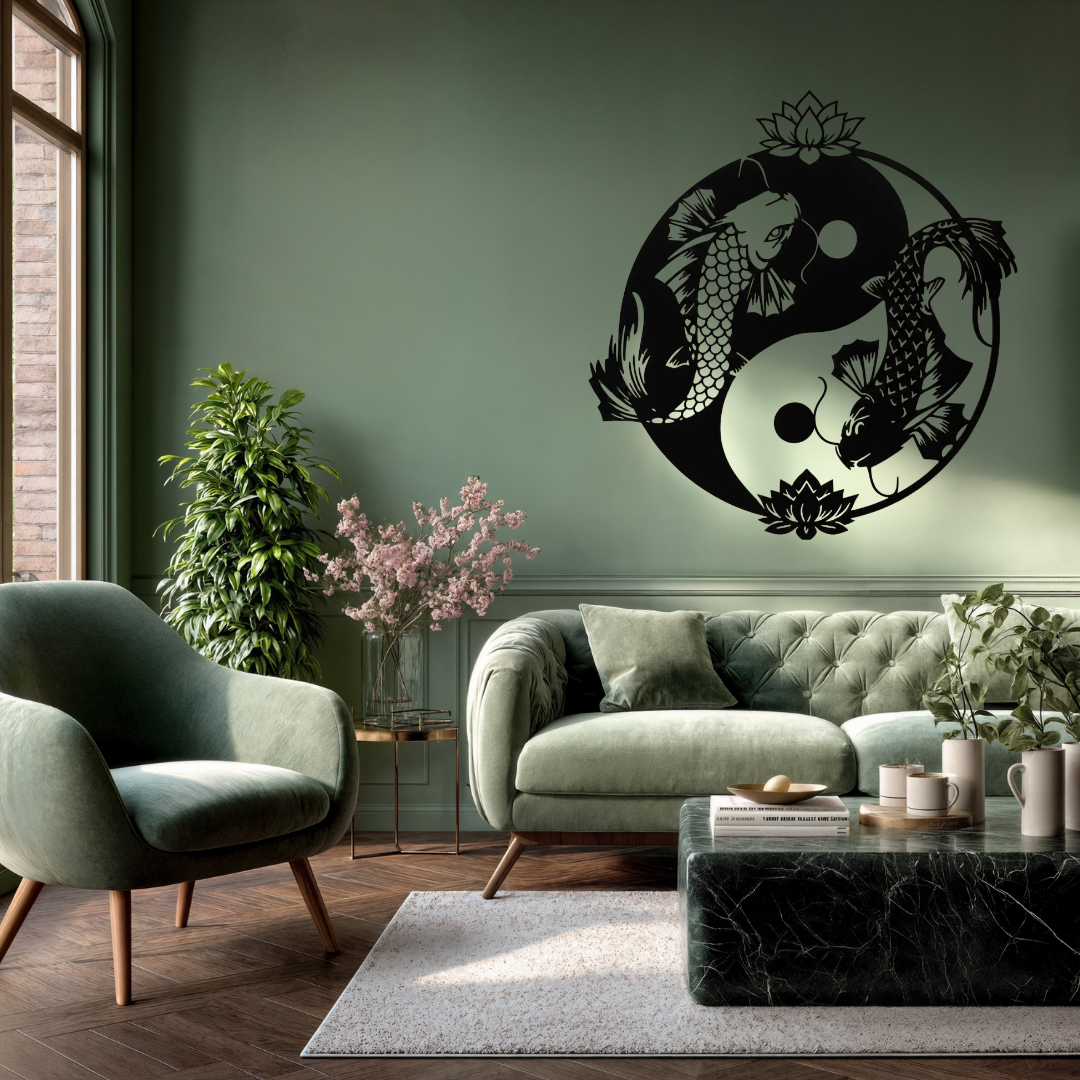 Harmony of Koi | Yin Yang Koi Metal Wall Art mounted in a stylish contemporary living room.