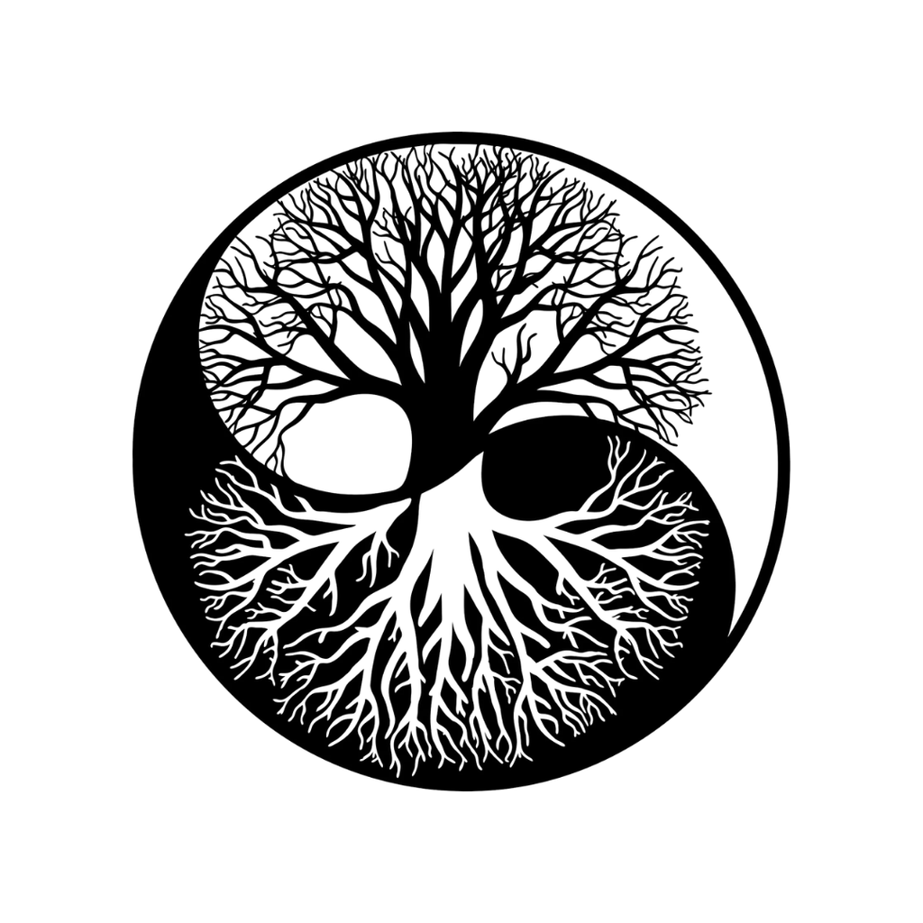 Close-up of a laser-cut Yin Yang Tree of Life metal wall art featuring intricate branches and detailed root patterns.
