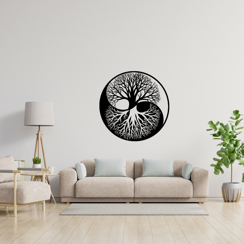 Harmony Roots Yin Yang Tree of Life metal wall art mounted above a modern sofa, adding a calming Zen-inspired feature to a contemporary living room.