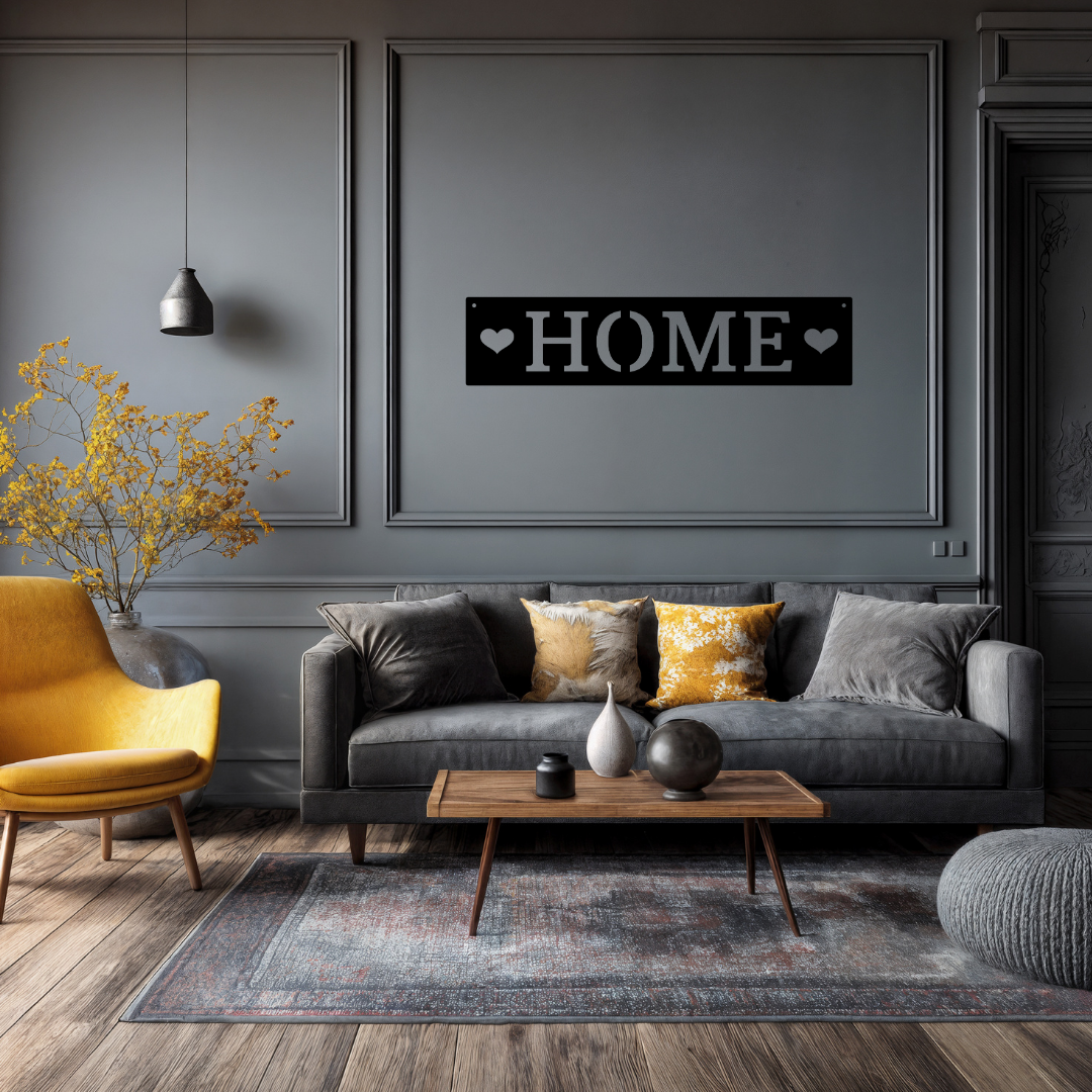 Heart of Home | HOME Horizontal Metal Wall Sign mounted above a contemporary sofa in a stylish lounge