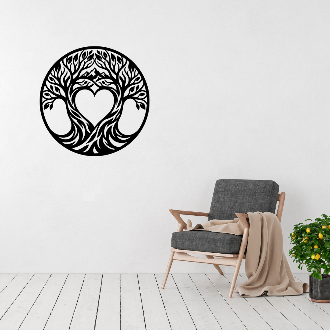 Heart of Nature tree and heart metal wall art displayed above a contemporary chair
