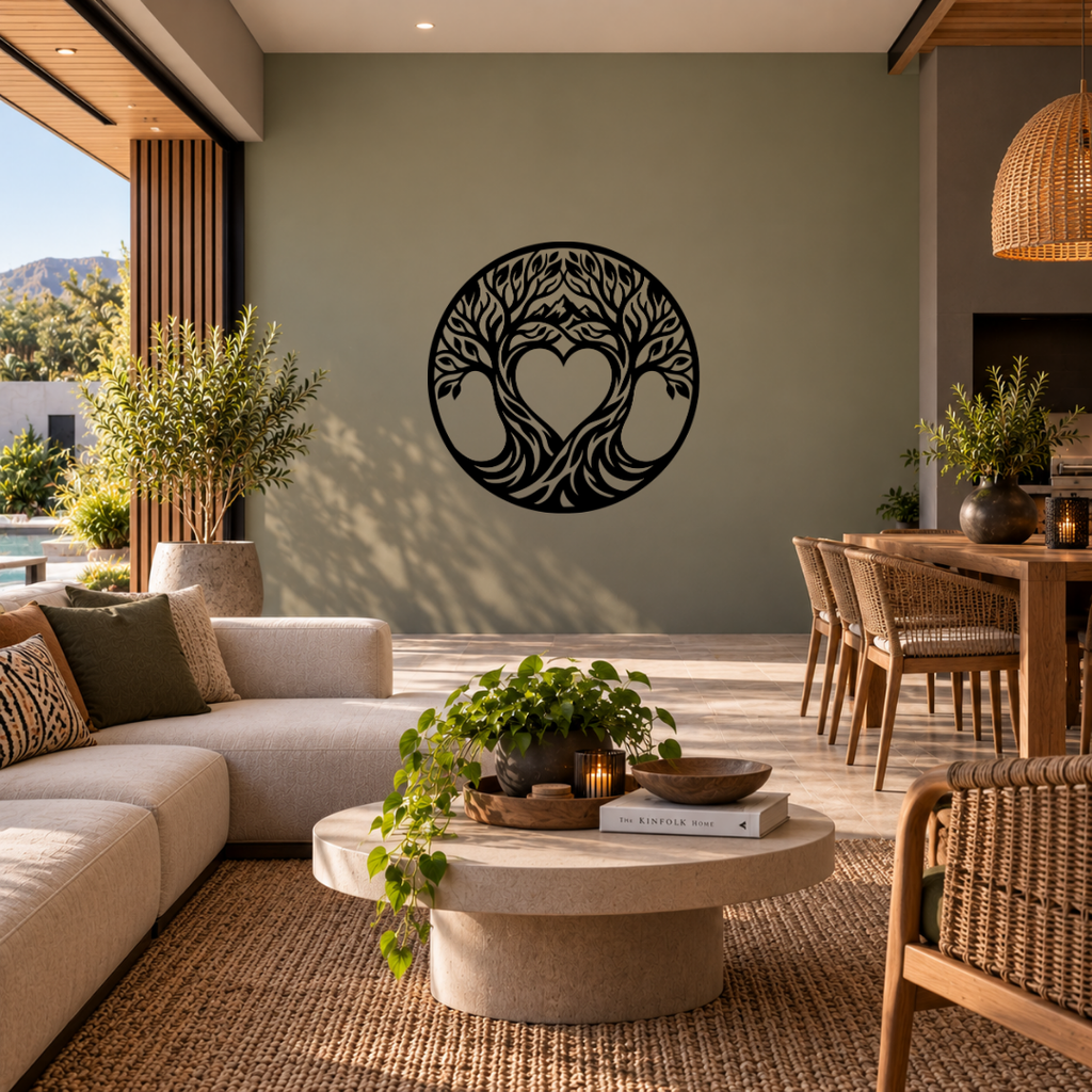 Heart of Nature tree and heart metal wall art displayed in a modern interior