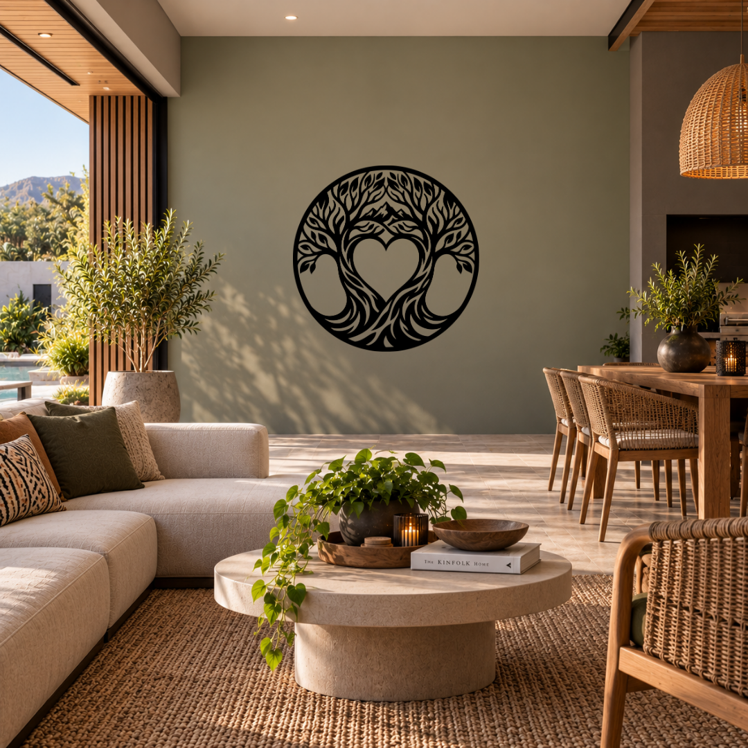 Heart of Nature tree and heart metal wall art displayed in a modern interior