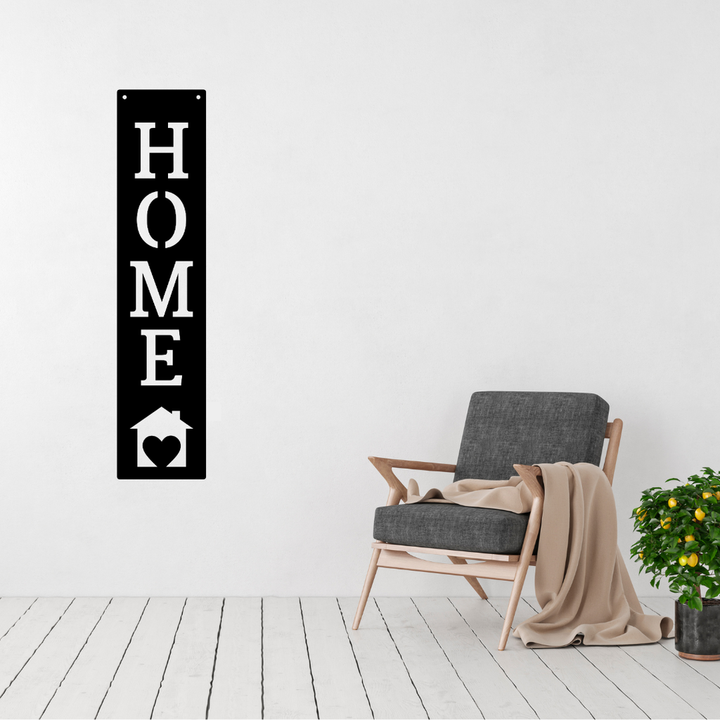 Heart of the Home | Home Vertical Metal Wall Sign displayed in a bright modern living room.