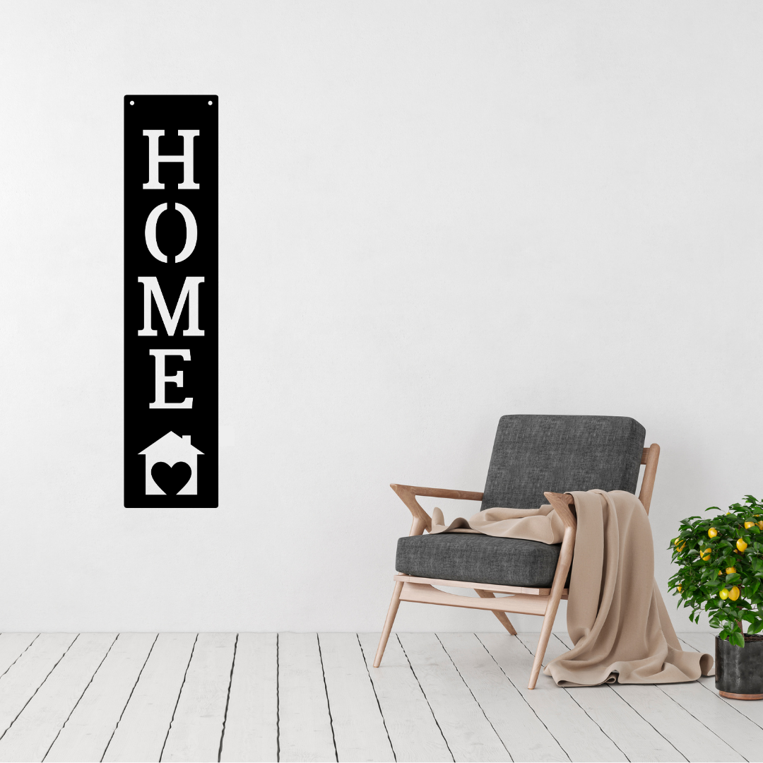 Heart of the Home | Home Vertical Metal Wall Sign displayed in a bright modern living room.