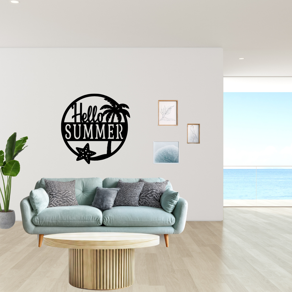 Hello Summer | Tropical Beach Metal Wall Art mounted in a contemporary living space.