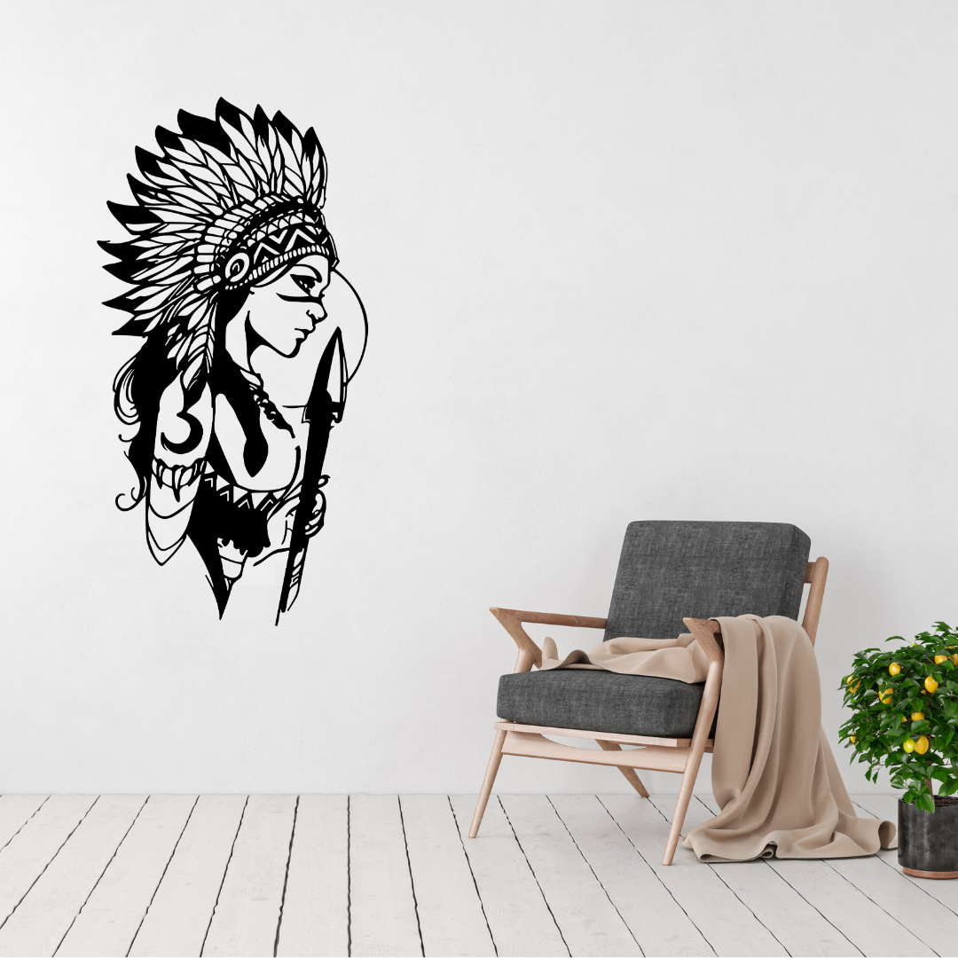 Heritage Beauty | Aboriginal Woman Metal Wall Art displayed on a modern white wall above a contemporary armchair.