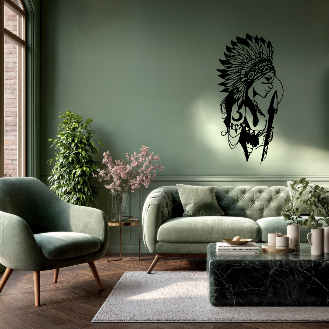 Heritage Beauty | Aboriginal Woman Metal Wall Art showcased in a stylish contemporary living room above a sofa.